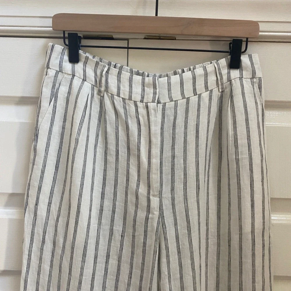 NWT Quince European Linen Women 8 Wide Leg Pant Oatmeal Stripe Eco Coastal